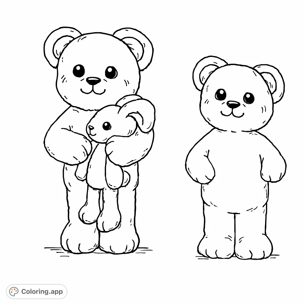 A heartwarming coloring page featuring two adorable teddy bears, one holding a plush bunny, perfect for kids to bring to life with their favorite hues. A sweet scene of companionship.