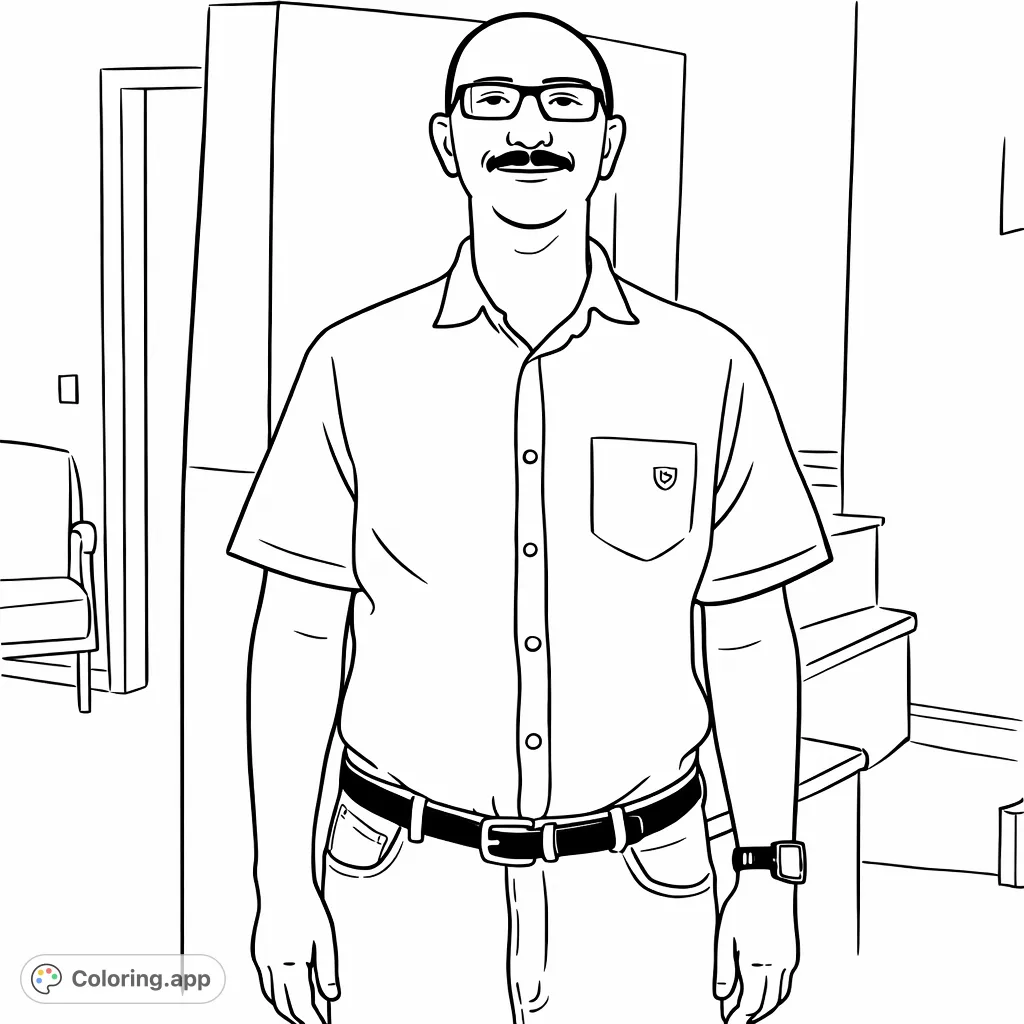 Capture a friendly man wearing glasses and a shirt, standing in a room. Perfect for a simple portrait coloring page for all ages.