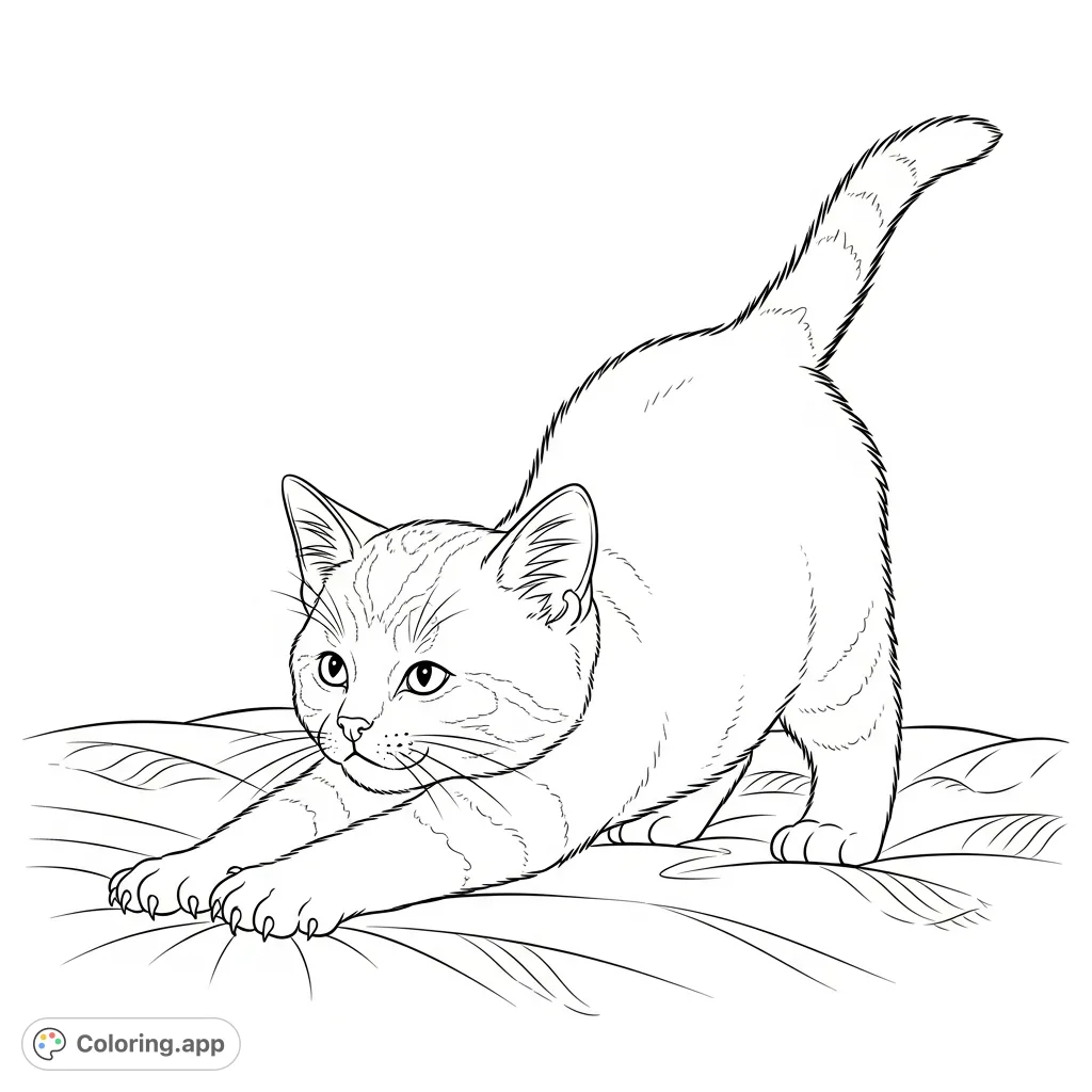 An adorable kitten coloring page, captured mid-stretch on a soft surface. Perfect for animal lovers and a relaxing creative activity.