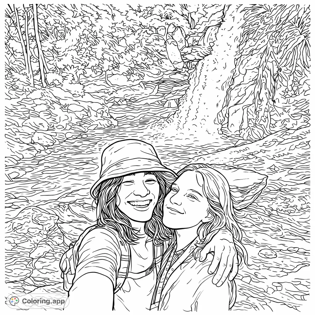 Capture a joyous moment of two friends embracing in front of a majestic waterfall and lush wilderness. A serene nature scene for mindful coloring.