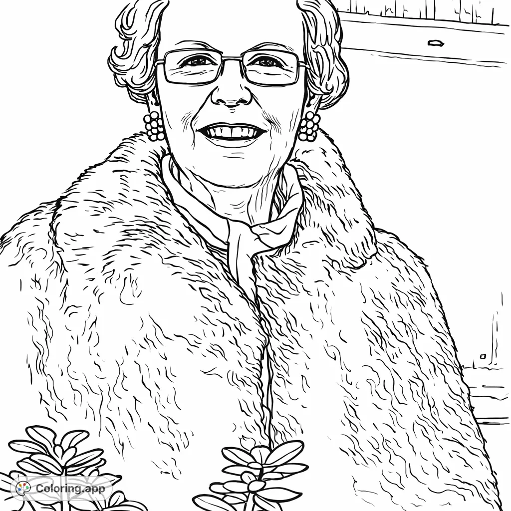 Color a portrait of a smiling woman in an elegant fur coat and glasses, featuring intricate textures and a refined setting. A sophisticated coloring experience.