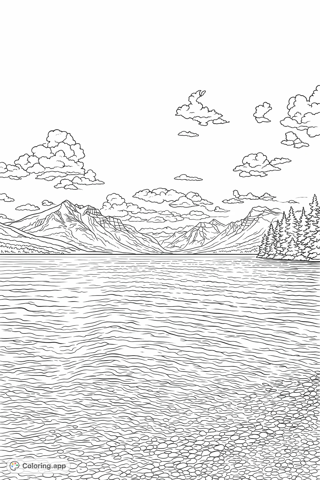 Immerse yourself in this serene mountain lake scene featuring majestic peaks, a vast body of water, and a tree-lined shore. Perfect for nature lovers.