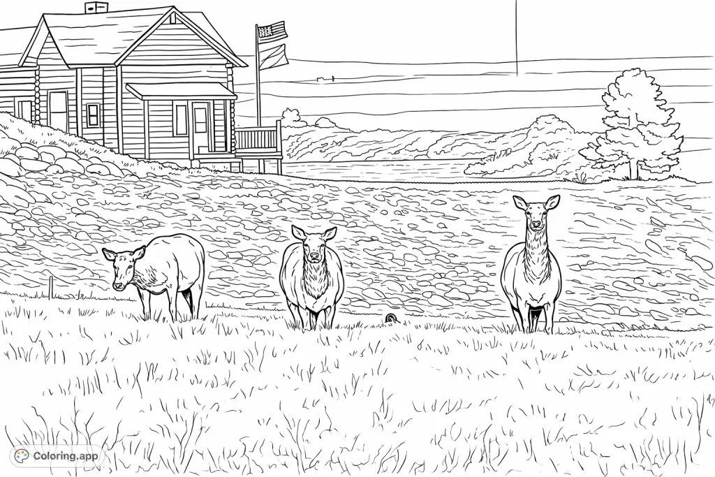 Capture the serene beauty of three elk grazing in a field with a rustic cabin, river, and mountains in the background. A calming nature scene.