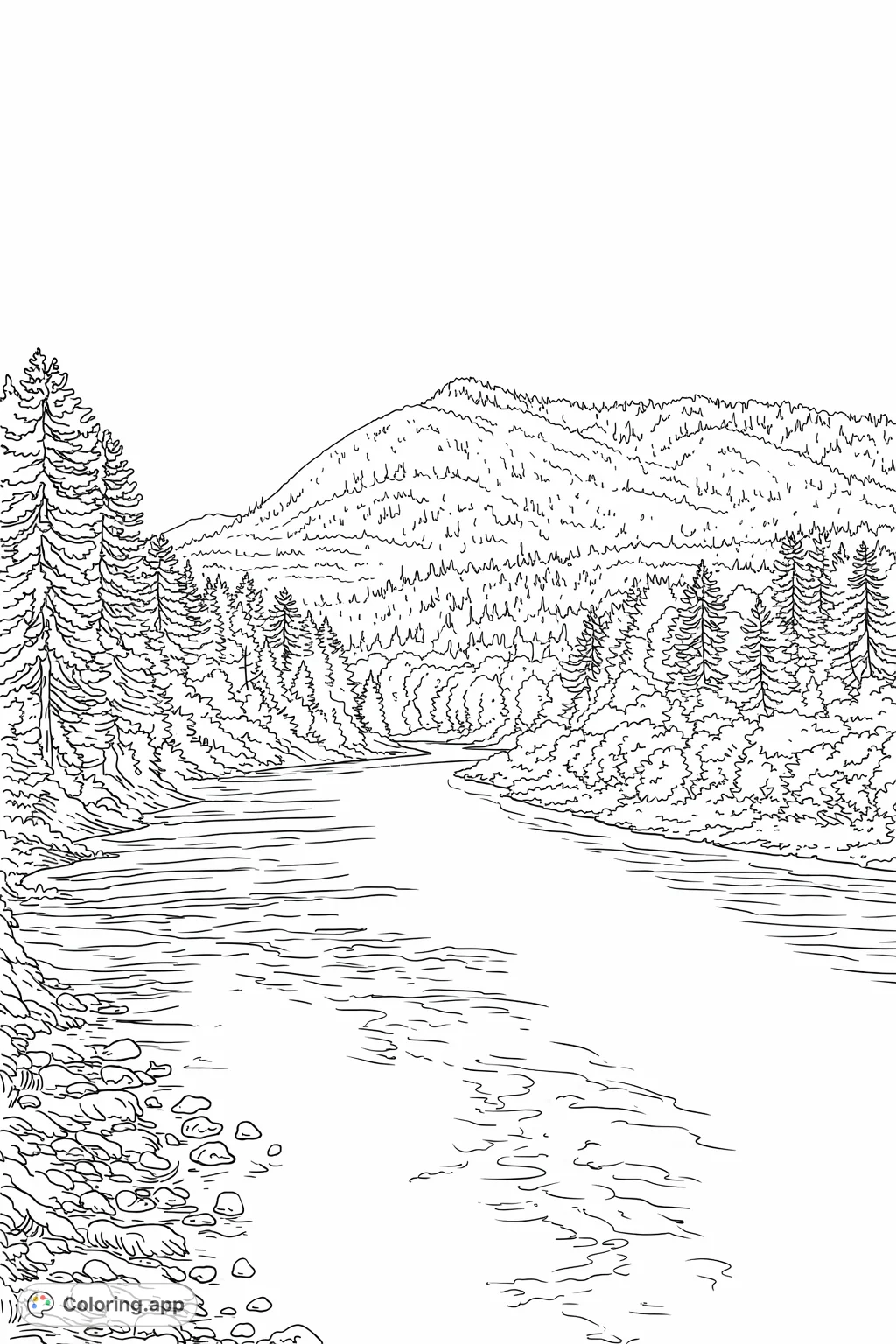 Explore a majestic river winding through a dense forest, with a towering mountain backdrop. Perfect for nature lovers to unwind and bring to life.