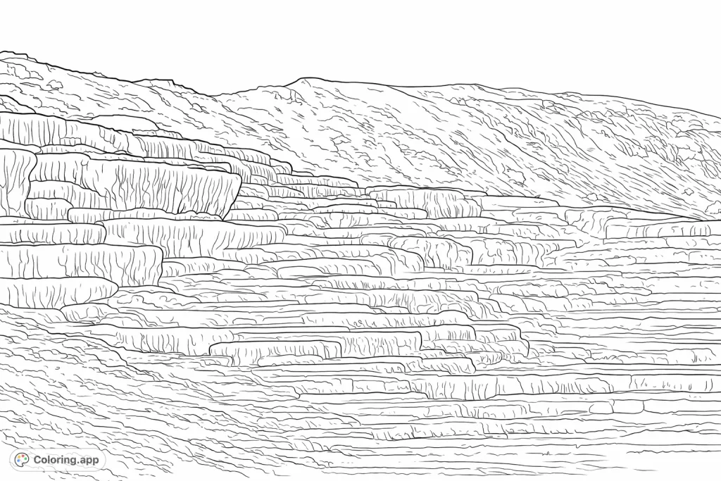 Explore intricate layered thermal terraces and mineral formations, offering a detailed natural landscape for creative expression. A unique nature scene.