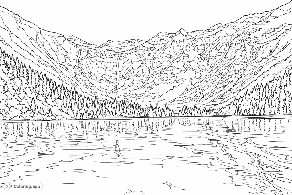 Immerse yourself in a grand mountain lake landscape with towering peaks, cascading waterfalls, and dense forests reflecting on still waters. A breathtaking nature scene.