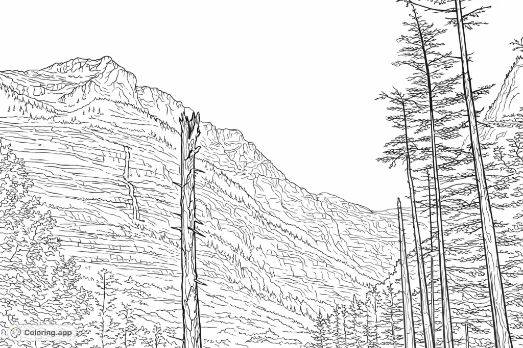 Explore a majestic mountain landscape featuring a cascading waterfall, rugged peaks, towering trees, and lush foreground. Perfect for nature lovers!