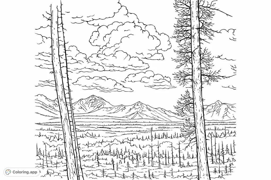 Explore a serene mountain forest vista featuring tall trees, a vast woodland with skeletal trunks, and majestic, snow-capped peaks under a cloudy sky.