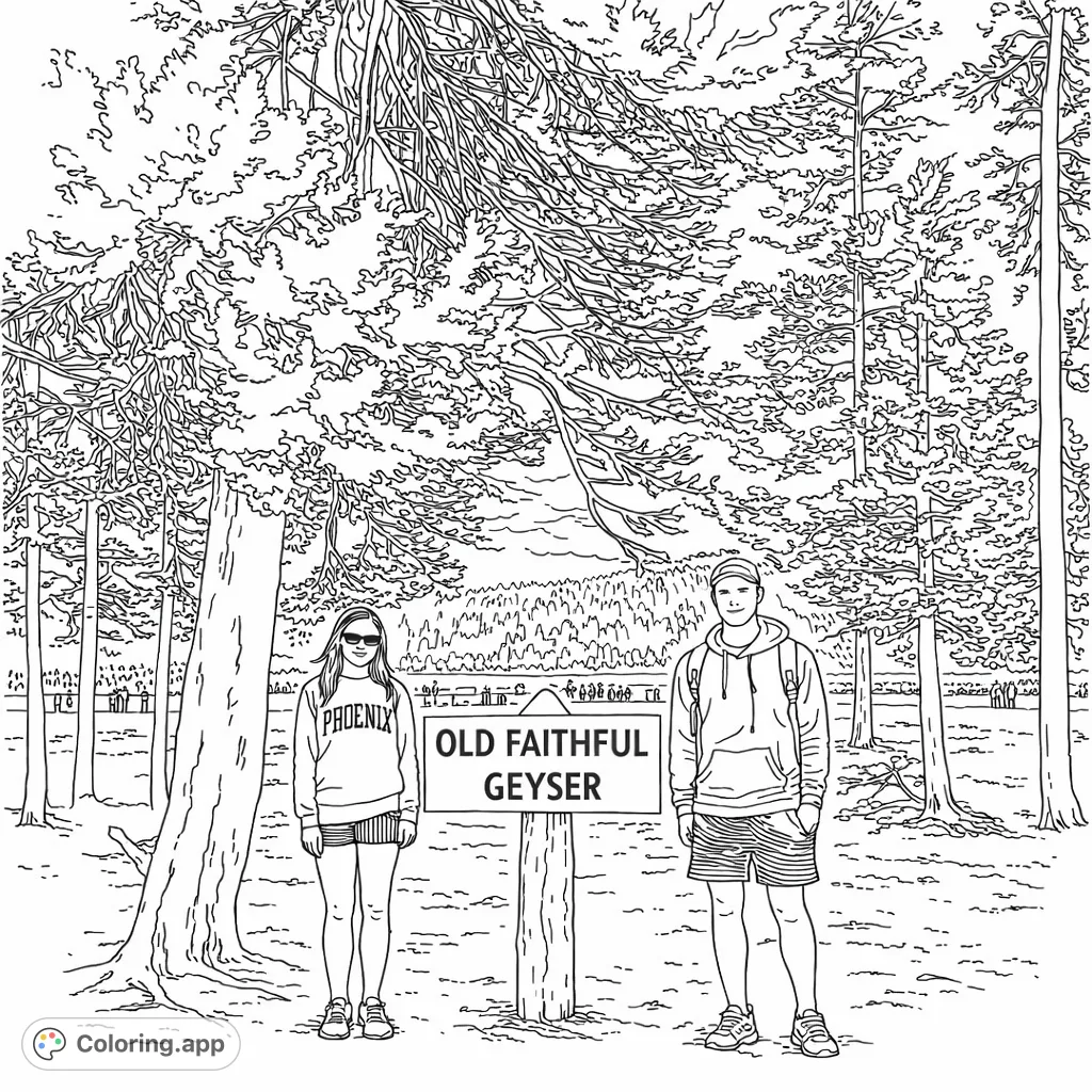 Explore a nature scene with two travelers by the iconic Old Faithful Geyser sign, surrounded by majestic pine trees and a distant landscape.