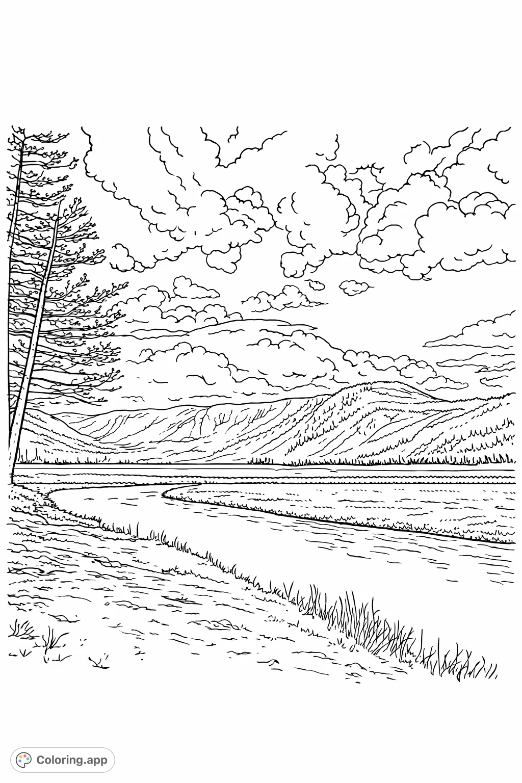 A serene nature coloring page featuring a winding river flowing through a vast meadow, framed by majestic mountains and a dynamic sky with fluffy clouds.