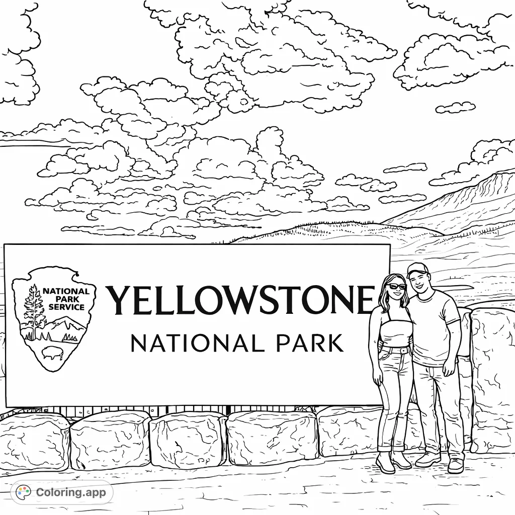Capture the spirit of adventure with this Yellowstone National Park entrance scene. Featuring a famous sign, a couple, and scenic mountains.