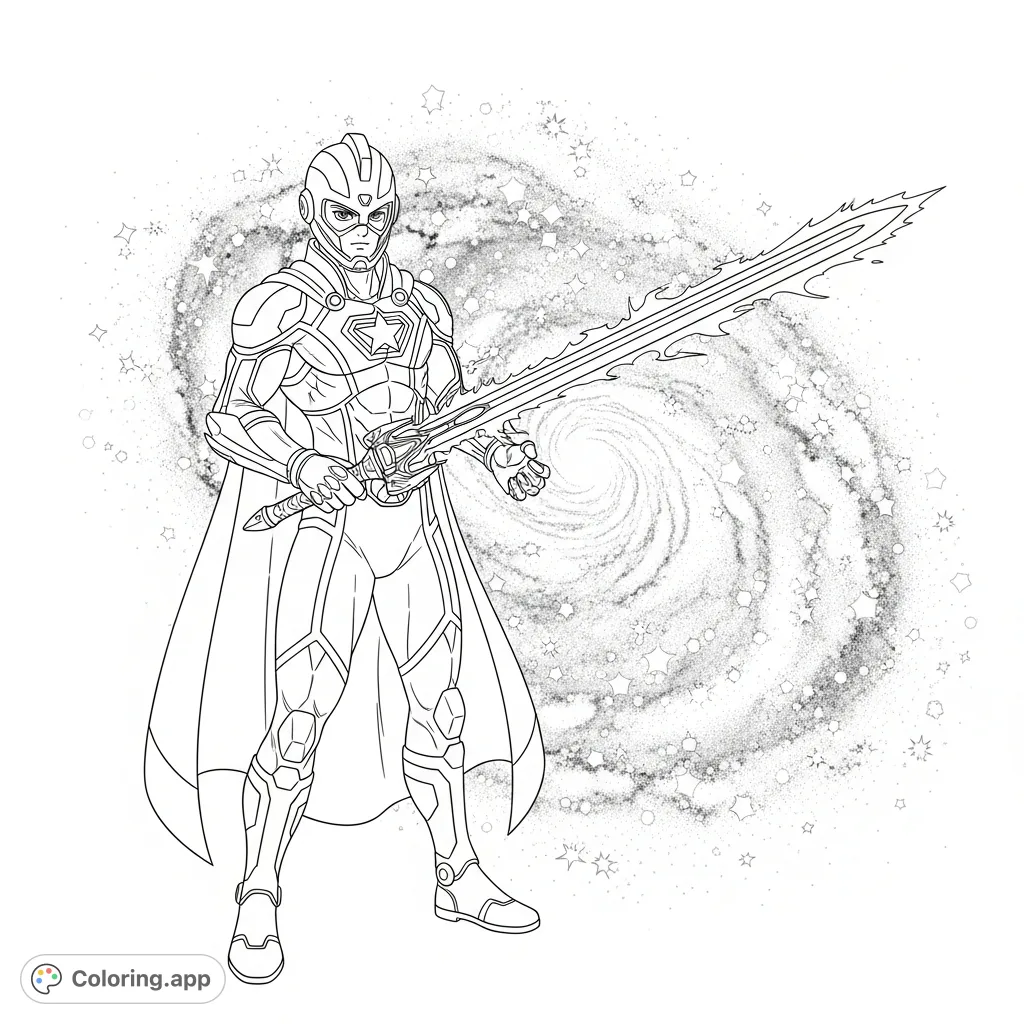 An anime-style superhero space warrior wields a laser sword against a backdrop of a swirling distant galaxy. A thrilling cosmic adventure awaits your colors!