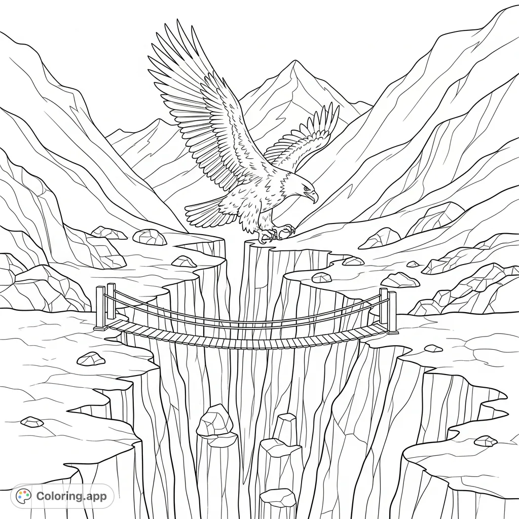 A majestic eagle surveys a dramatic mountain craggy ravine, with a sturdy rope bridge spanning the chasm. An adventurous nature mountains coloring page.