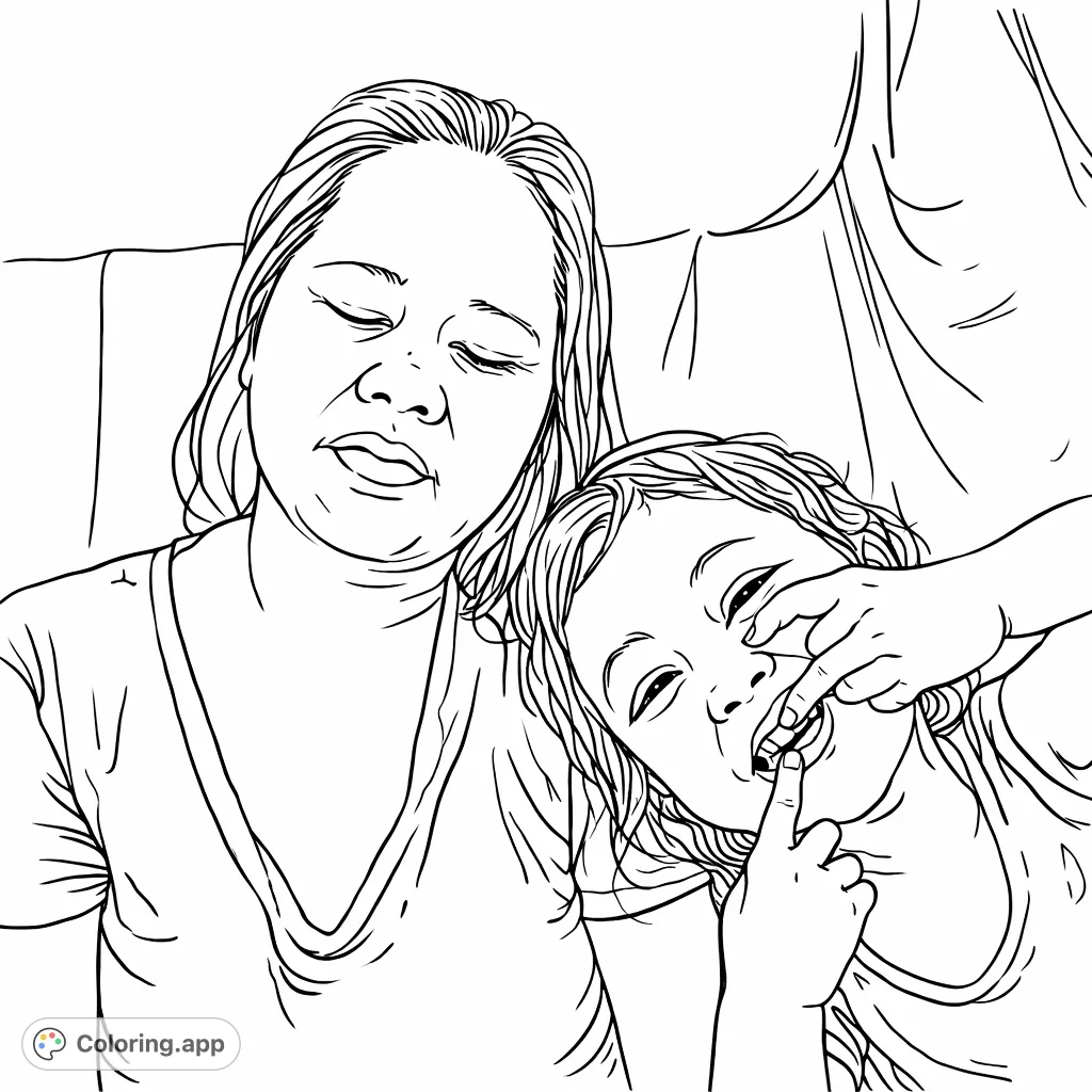 A heartwarming and funny coloring page featuring an adult and child making silly faces. Perfect for celebrating family bonds and playful moments.