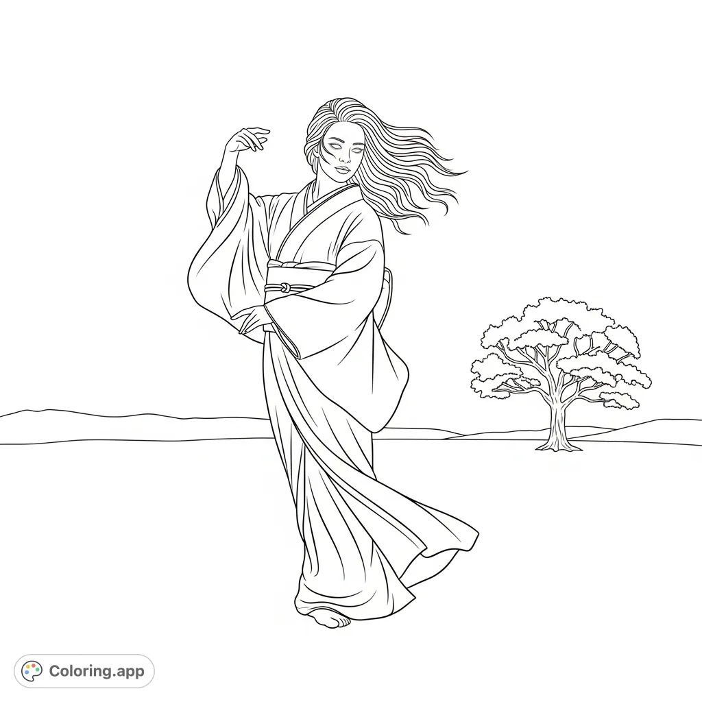 Discover serenity with this graceful kimono woman coloring page. A dancer on an open field with flowing hair and a solitary tree.