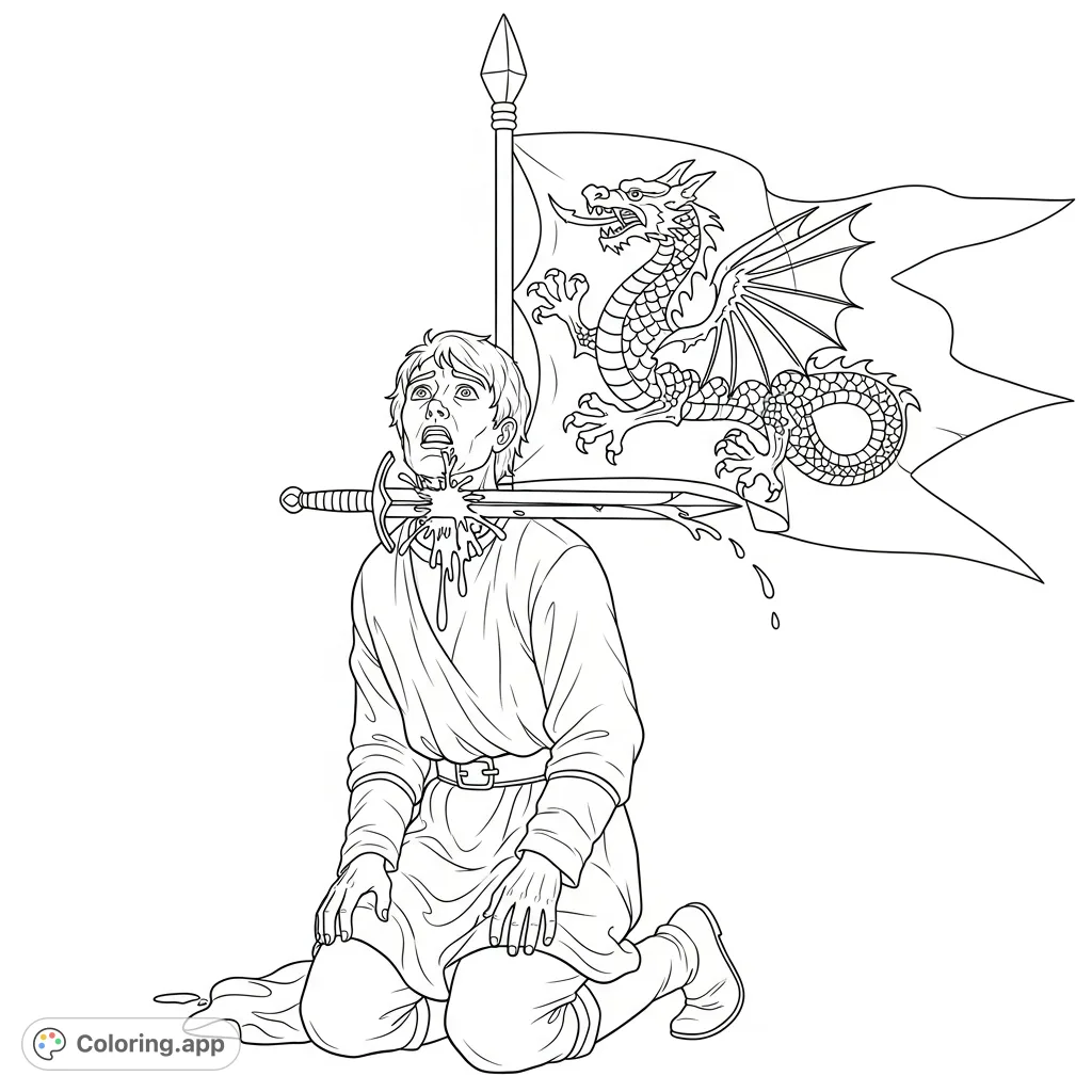 A powerful and somber image depicting a kneeling man with a sword at his throat, beneath a majestic dragon flag. Explore themes of sacrifice and ancient lore.
