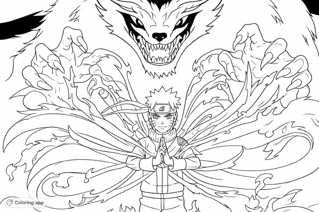 Unleash your creativity with this dynamic anime coloring page, featuring a determined ninja hero and his powerful nine-tailed spirit beast, surrounded by swirling energy.