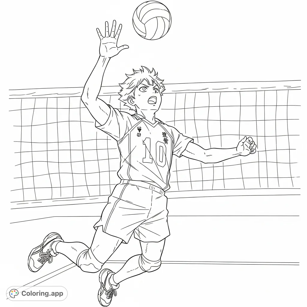 Capture the dynamic energy of Hinata Shoyo from Haikyuu!! in a thrilling mid-air spike. A must-have free printable coloring page for fans.