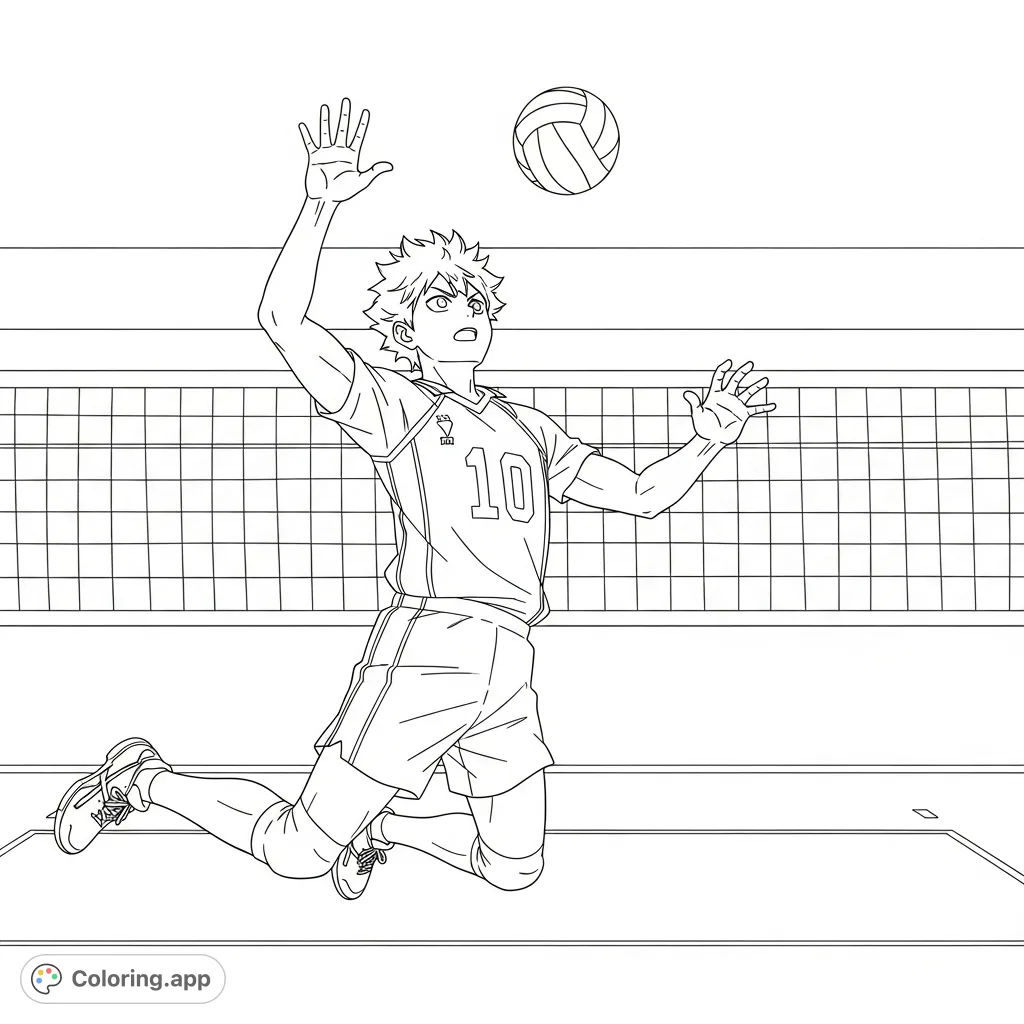 Dive into the action with this dynamic Shoyo Hinata coloring page! Capture the Karasuno ace mid-spike, showcasing his powerful athletic form and iconic uniform.