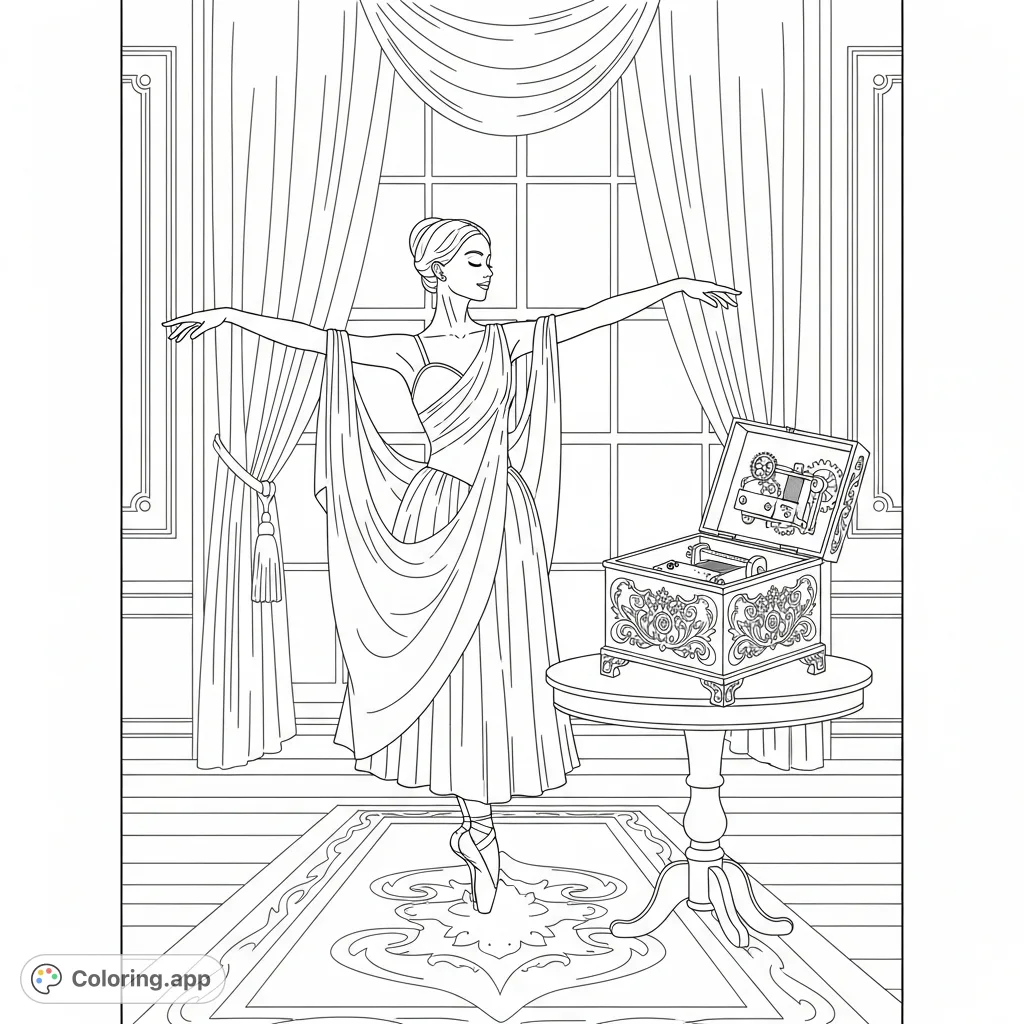 Step into a charming room where a graceful ballerina dances beside an intricate music box. A captivating scene for coloring enthusiasts of all ages.
