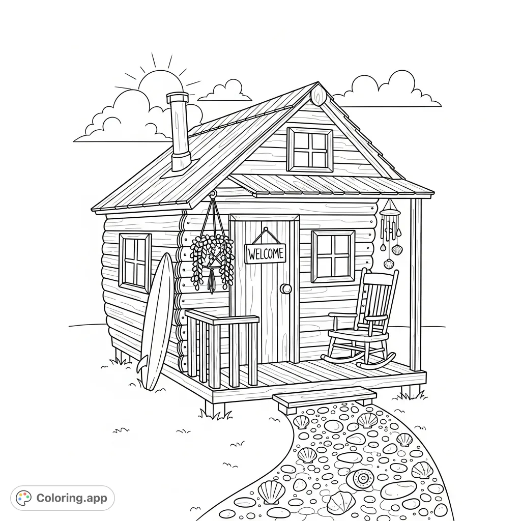 A charming wooden beach hut with a rocking chair, succulent, surfboard, and "Welcome" sign, surrounded by a shell path and simple sky, perfect for coloring.
