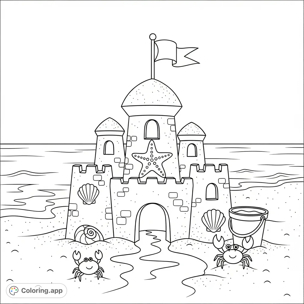 A delightful sandcastle scene awaits your creativity, featuring a whimsical castle, a moat, seashell accents, a starfish, and a little crab on a simple beach.