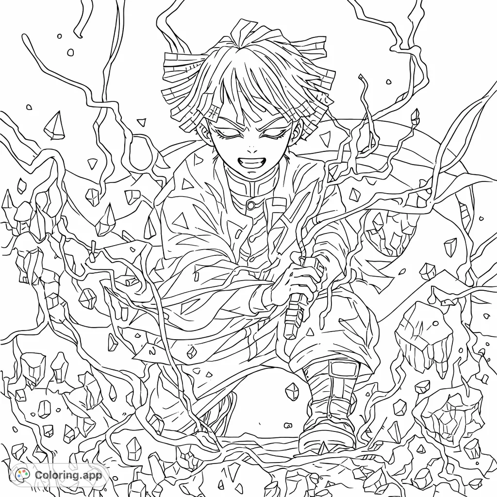 Dynamic anime character in an action pose, surrounded by explosive energy and flying debris. Features intricate patterns and dramatic movement for an exciting coloring experience.