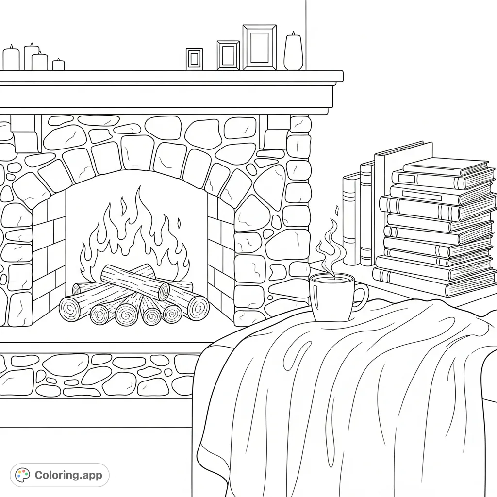 Immerse yourself in a serene fireplace scene. Features a crackling hearth, soft blanket, inviting books, and a steaming mug, perfect for cozy coloring.