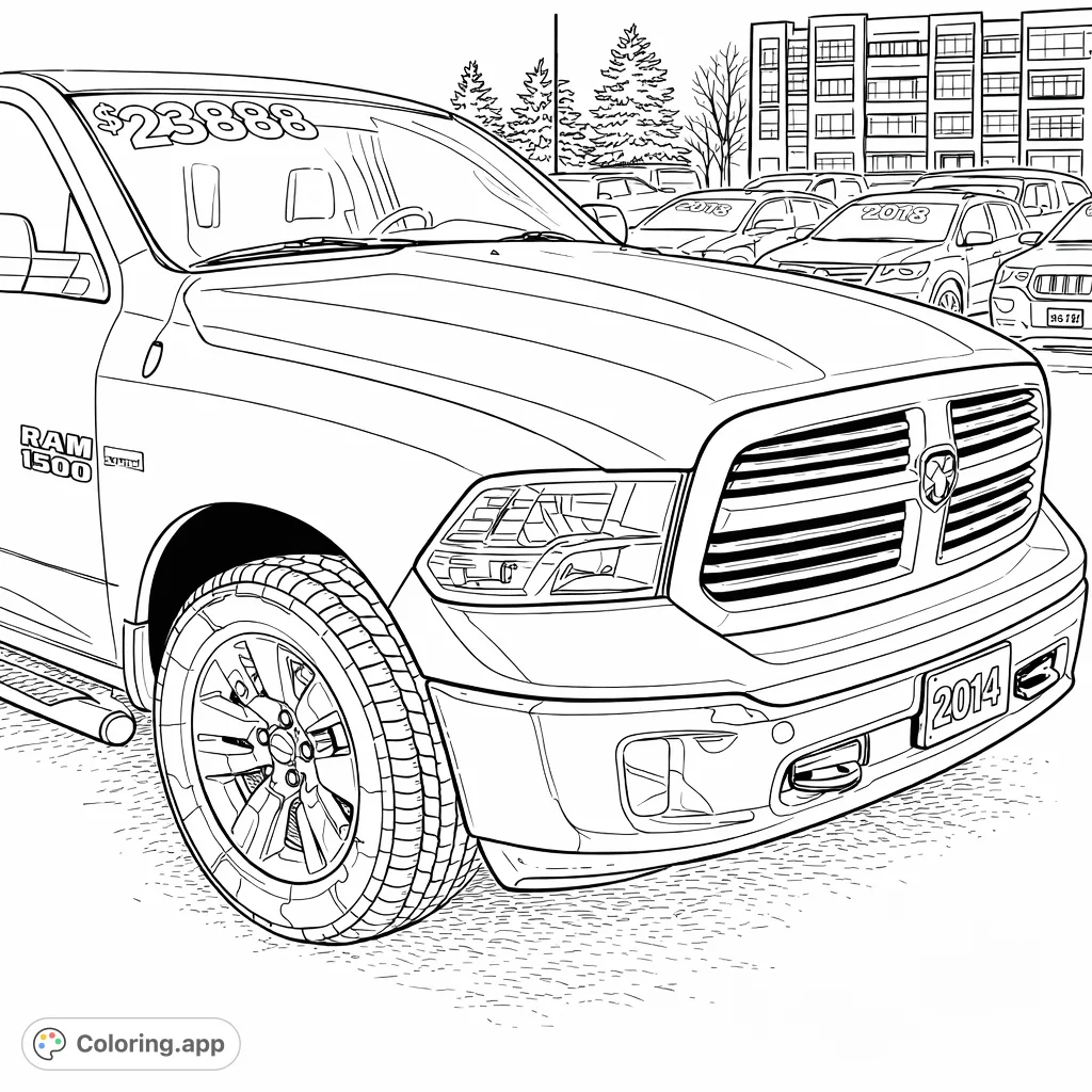 Color a detailed pickup truck in an urban setting, featuring a bold grille, prominent headlights, and robust wheels. Perfect for vehicle enthusiasts!