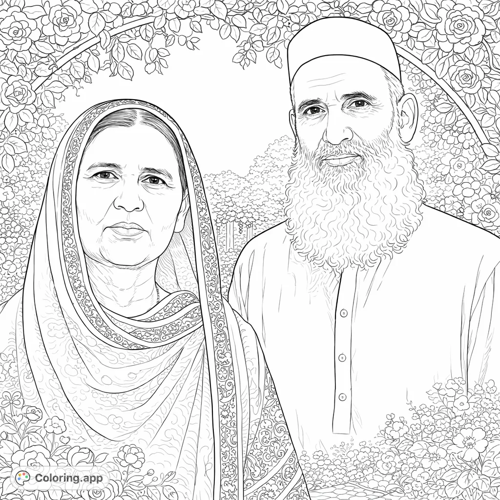 An intricate coloring page featuring a dignified older couple in traditional attire, set against a detailed garden backdrop, perfect for detailed coloring.