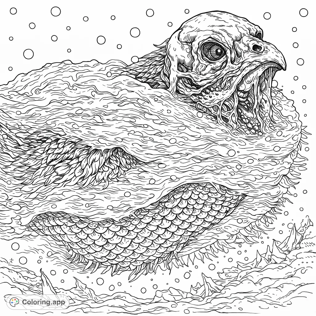 Dive into a world of intricate detail with this aquatic monster coloring page. Its unique textures and formidable features offer an engaging challenge for colorists.