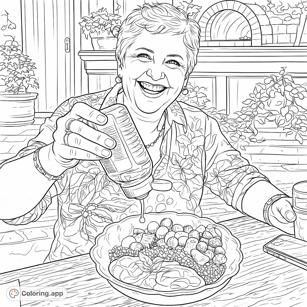 A smiling woman pours syrup over a delicious bowl of fruit, granola, and cream, set against a cozy outdoor background, perfect for a detailed coloring experience.