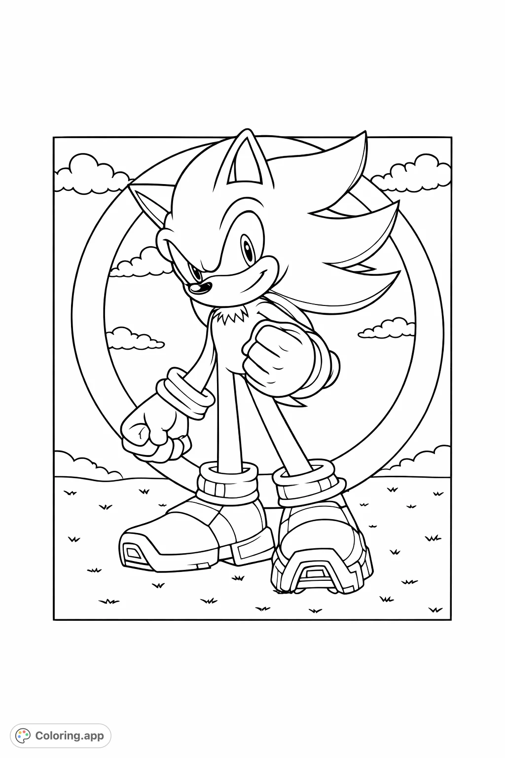 Color this intense Shadow the Hedgehog coloring page! Featuring the iconic character in a powerful stance with his emblem, perfect for fans of speed and adventure.