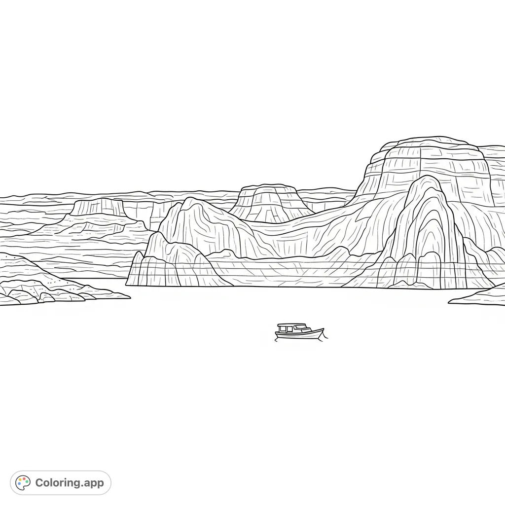 Discover the serene beauty of Lake Powell with this simple coloring page featuring a small boat against majestic sandstone canyon walls. Perfect for young artists.