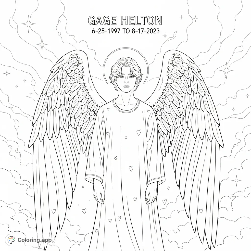 A serene celestial tribute featuring Gage Helton with magnificent unfurled angel wings amidst swirling mists and starlight, with his name and dates inscribed.