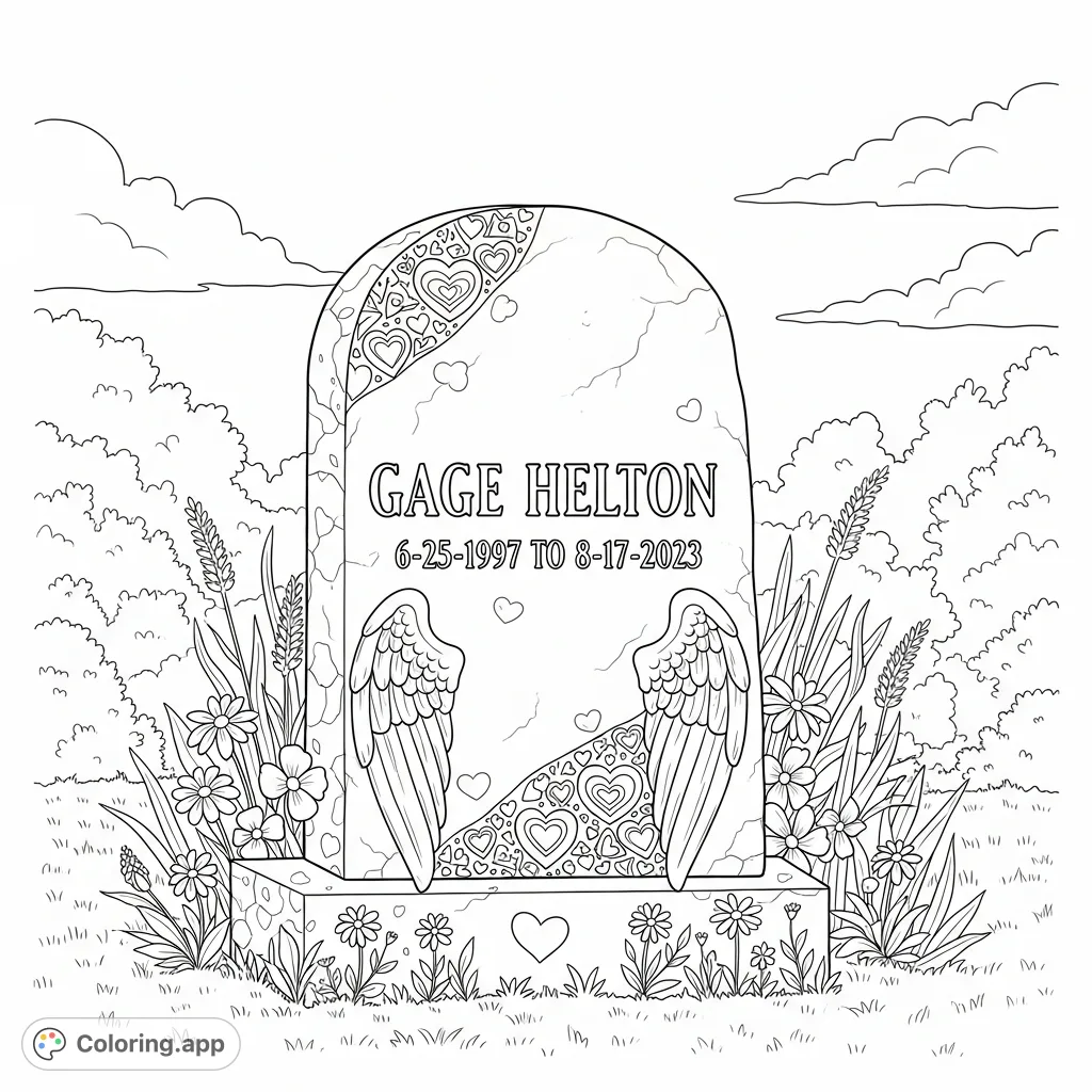 A peaceful memorial stone dedicated to Gage Helton, featuring angel wings and surrounded by lush wildflowers under a serene sky.