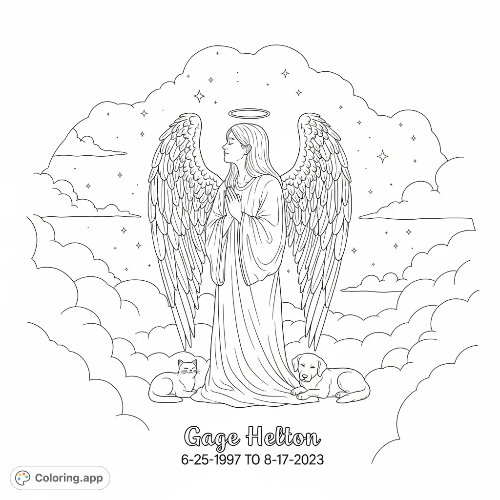 A heartfelt memorial tribute featuring a serene figure with angel wings, a halo, and inscribed dates. A beautiful way to honor a loved one.