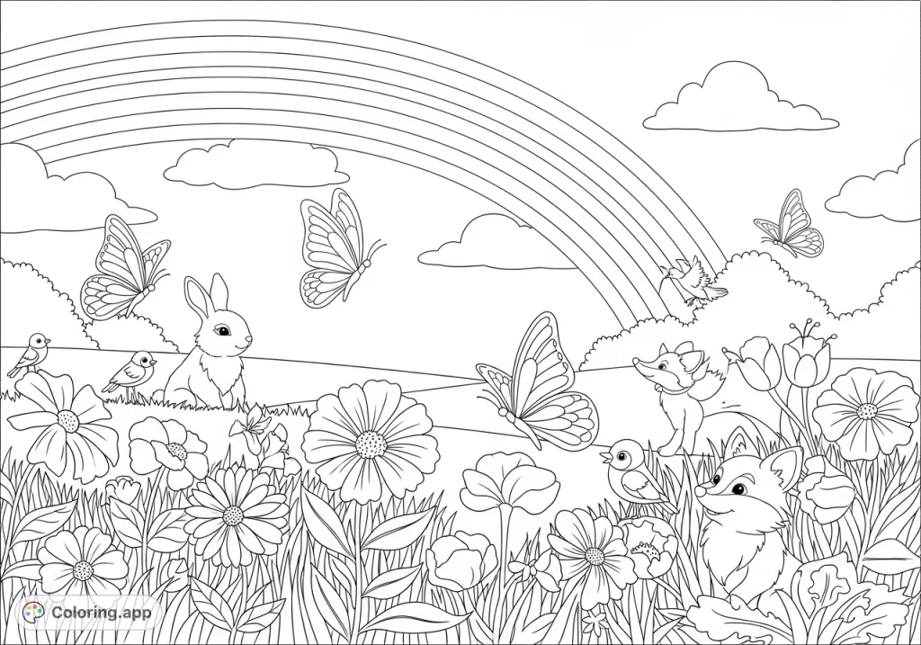 A charming nature coloring page featuring blooming flowers, graceful butterflies, a grand rainbow, and delightful forest animals like rabbits and foxes.