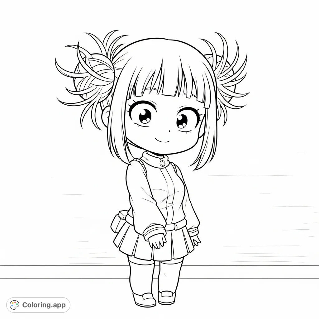 A delightful chibi Himiko Toga from My Hero Academia, featuring her signature messy hair and cute outfit, ready for creative coloring.