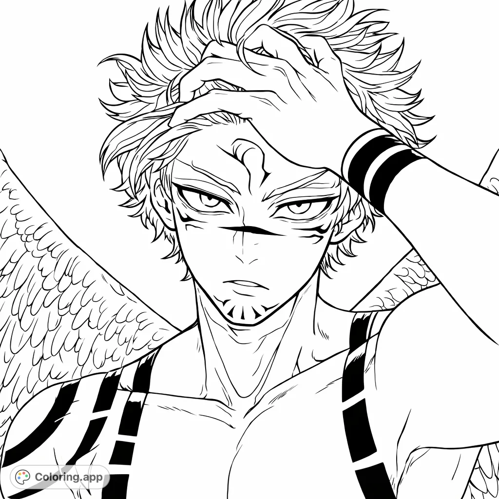 A powerful winged character with striking facial and body markings, intense gaze, and textured hair. Perfect for anime fans.