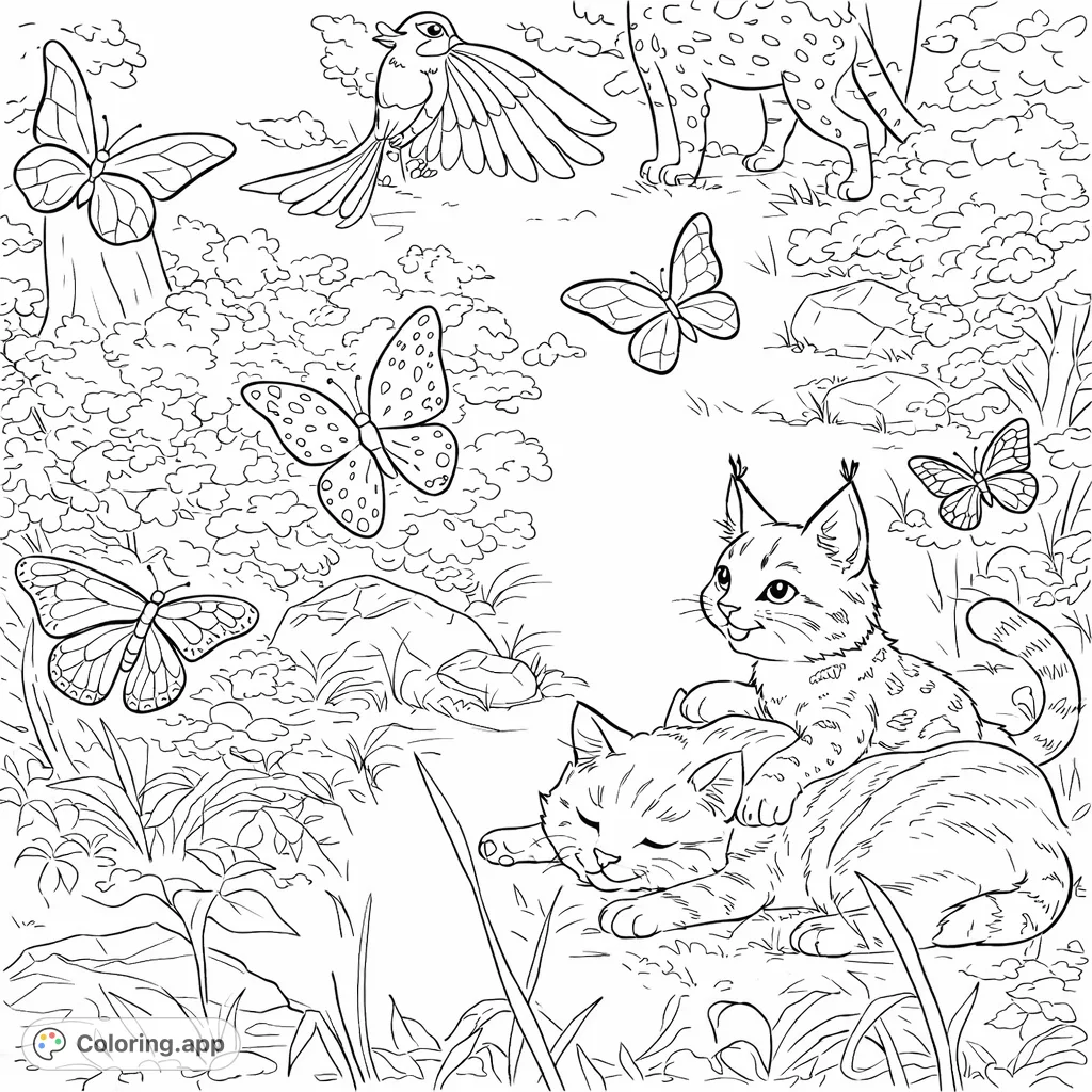 Explore a vibrant forest scene featuring two playful felines, graceful butterflies, a soaring bird, and other wild creatures. A delightful nature-themed coloring page.