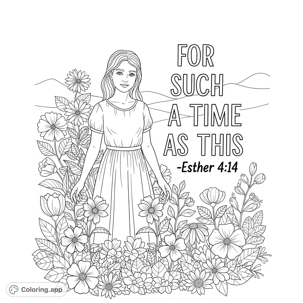 An inspiring girl surrounded by detailed flowers and natural elements, with the uplifting scripture 'For such a time as this' – Esther 4:14. A beautiful, free printable coloring page.