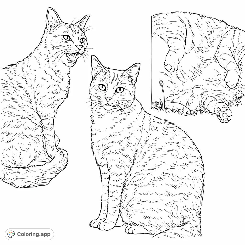 Discover three delightful cat portraits: one curious, one calm, and one playful. A charming collection for animal lovers to bring to life with color.