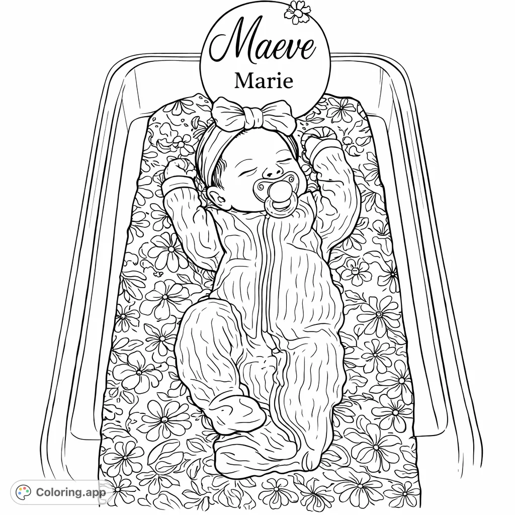 A precious newborn baby sleeps peacefully in a bassinet, adorned with a bow and pacifier, resting on a charming floral blanket with a custom name plaque.