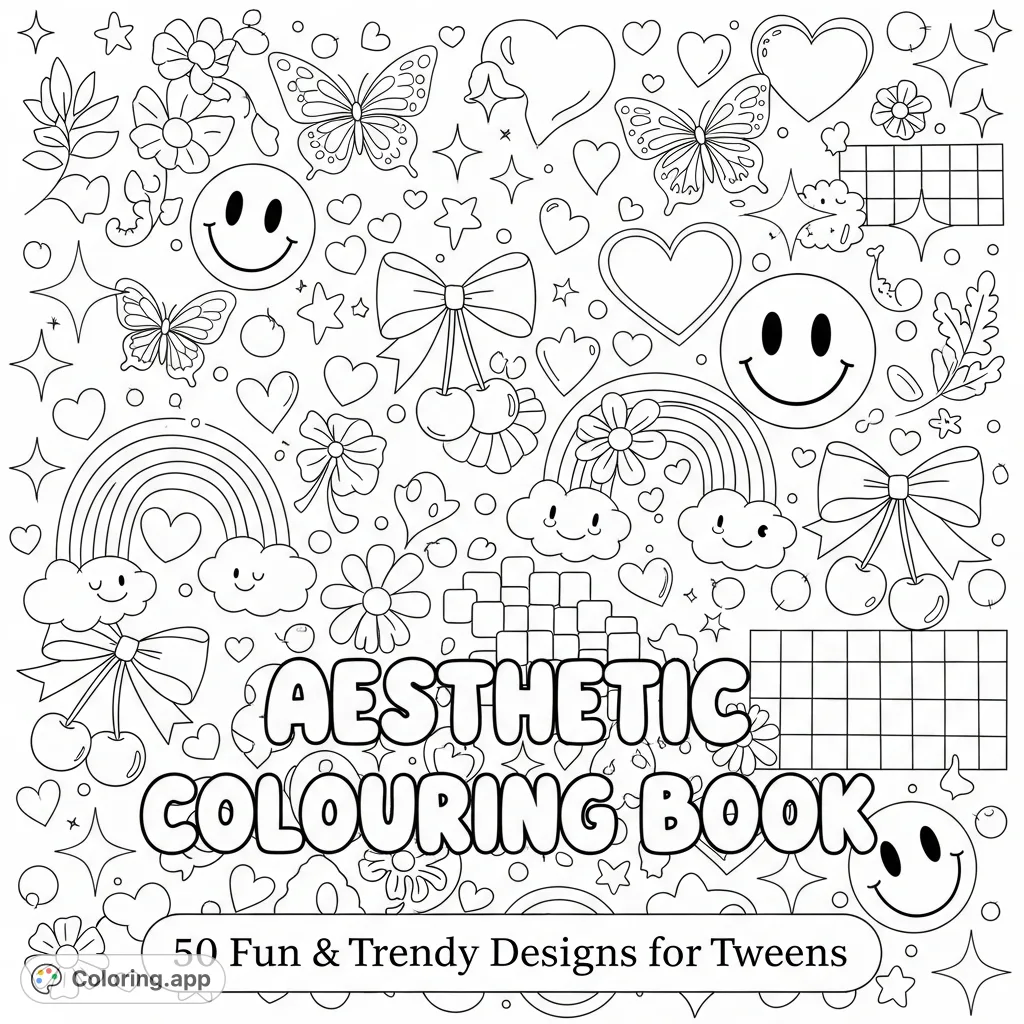 Discover a trendy collection of cute doodles, including smiley faces, hearts, stars, and rainbows, framed by a playful bubble letter title. Perfect for fun and positive vibes!