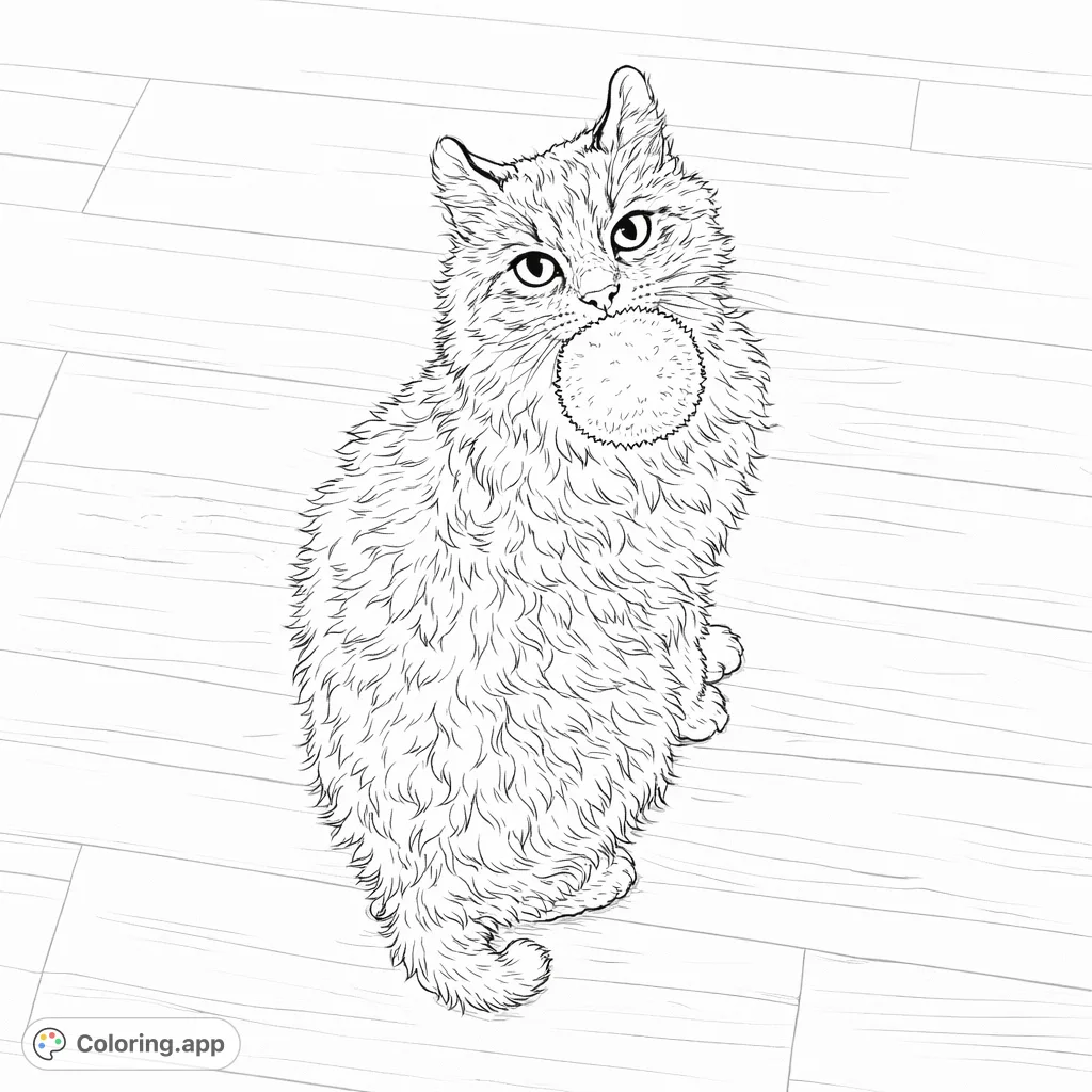 A charming, fluffy cat with unique curled ears holds a fuzzy spherical toy, ready for playtime on a wooden floor. Perfect for animal lovers.