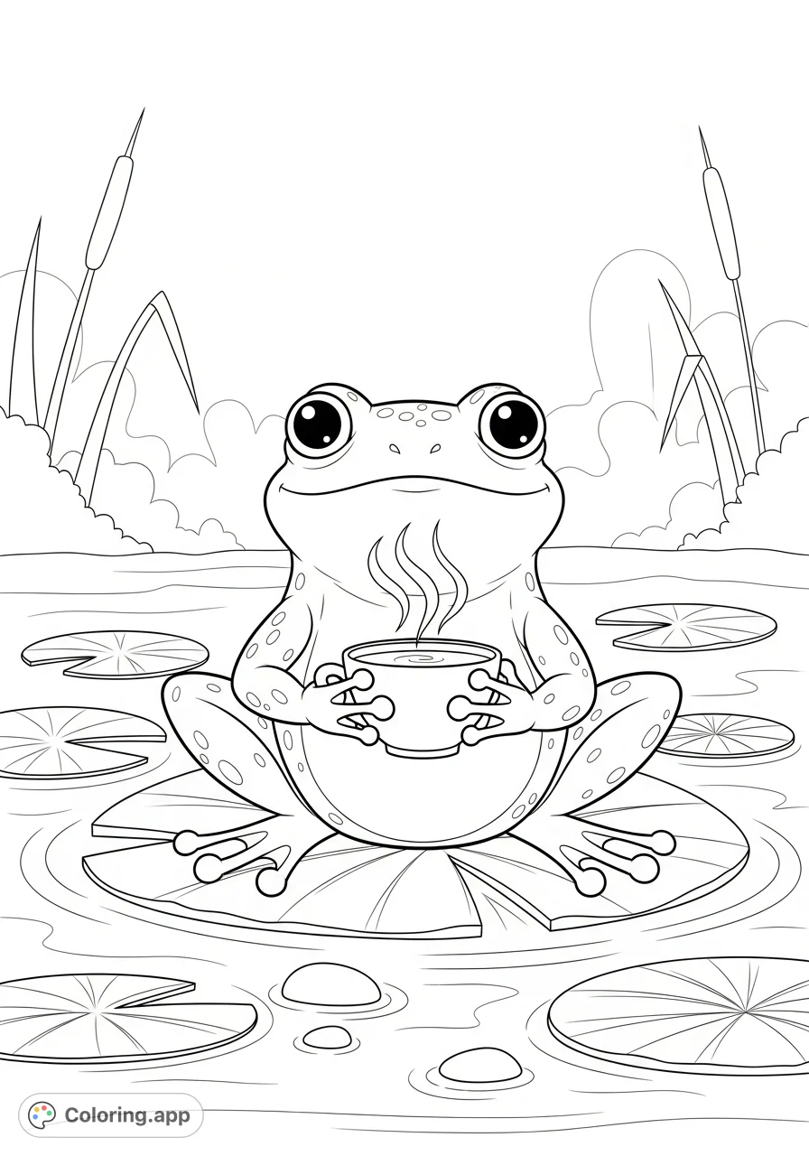 A charming coloring page featuring a cute frog enjoying a warm cup of tea on a lily pad, surrounded by serene pond elements. Perfect for relaxing coloring!