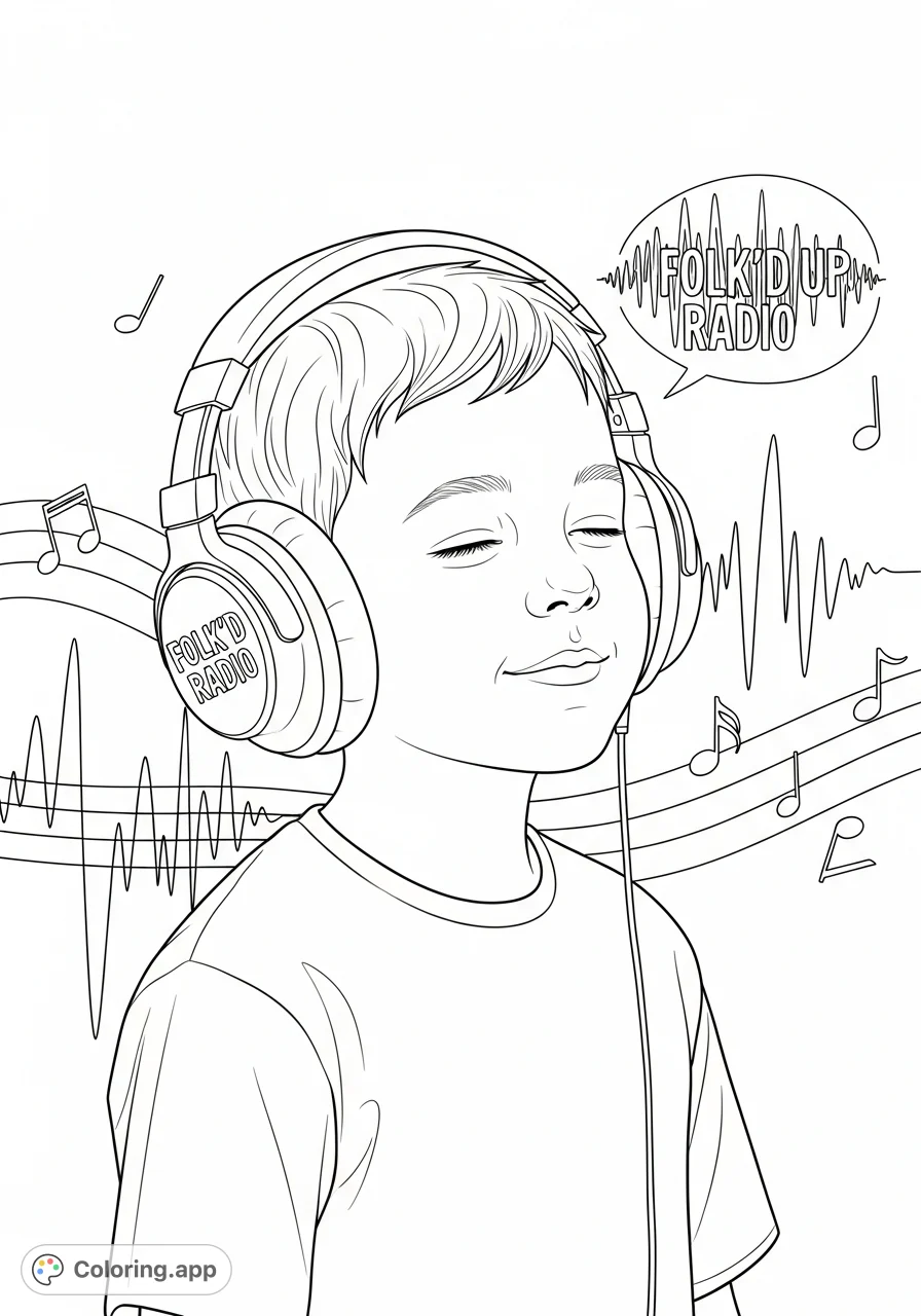 A child enjoying music with headphones, featuring "FOLK'D UP RADIO" text. A fun, free printable coloring page for young music lovers.