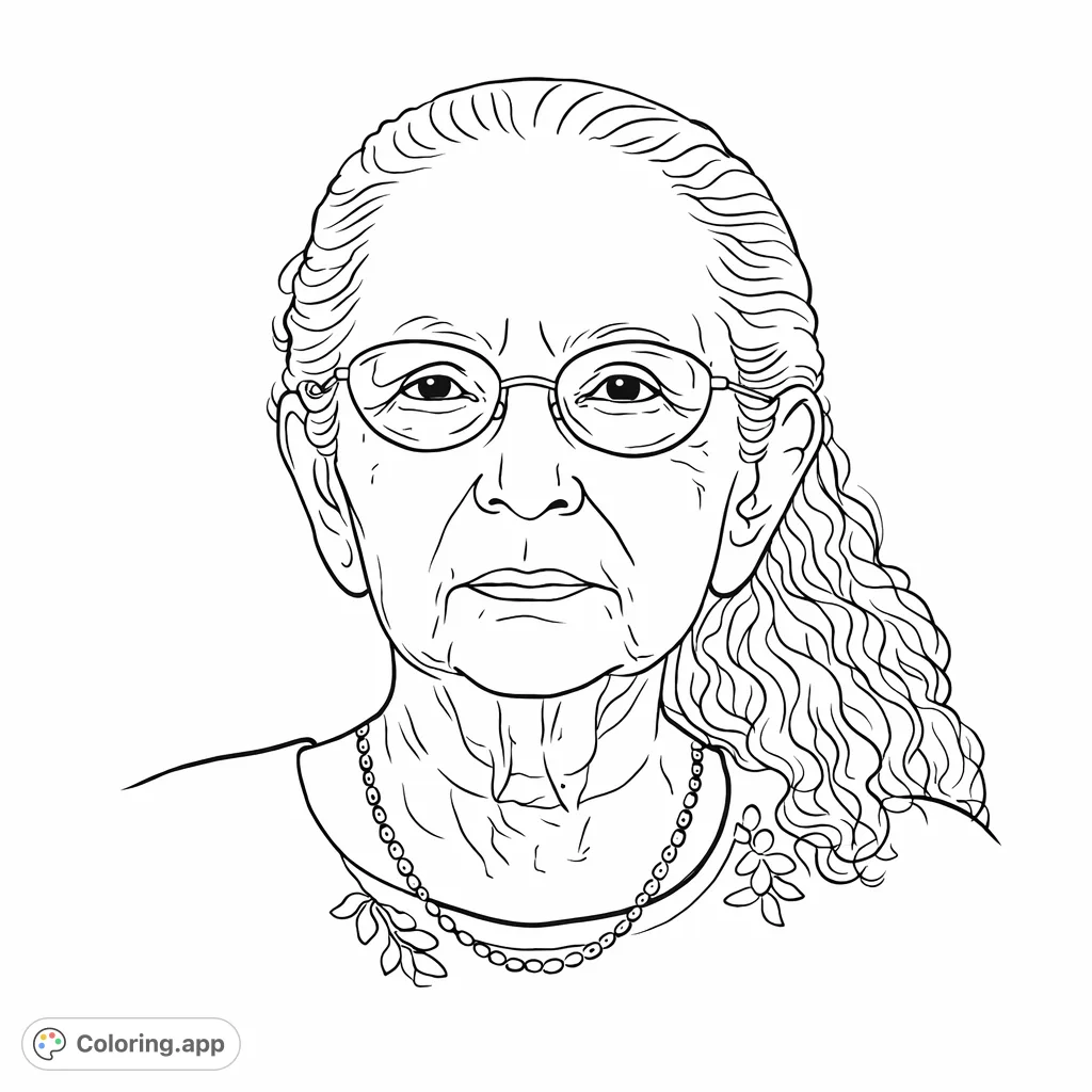 A serene portrait of an elderly woman with glasses and patterned attire, offering a thoughtful and comforting coloring experience for all ages.