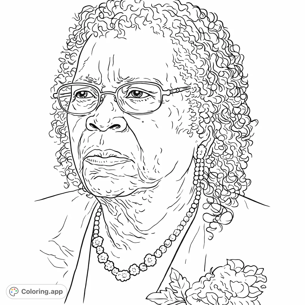 An elegant portrait of an elderly woman, featuring her eyeglasses, intricate necklace, and curly hair. A thoughtful expression inviting creative coloring.